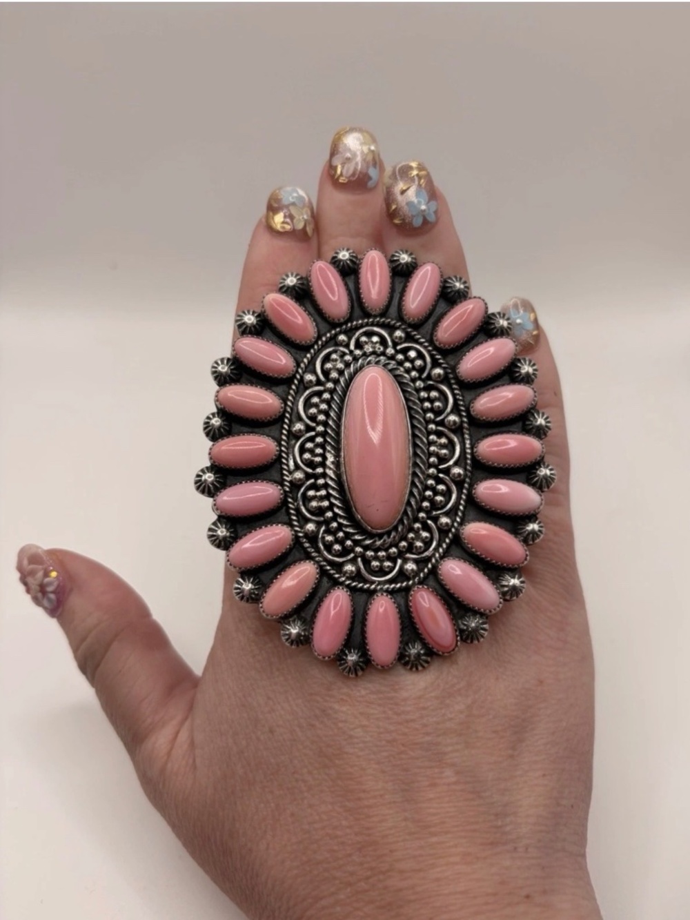 Hemerson Brown Navajo Pink Conch ADJUSTABLE Sterling Silver Statement Ring